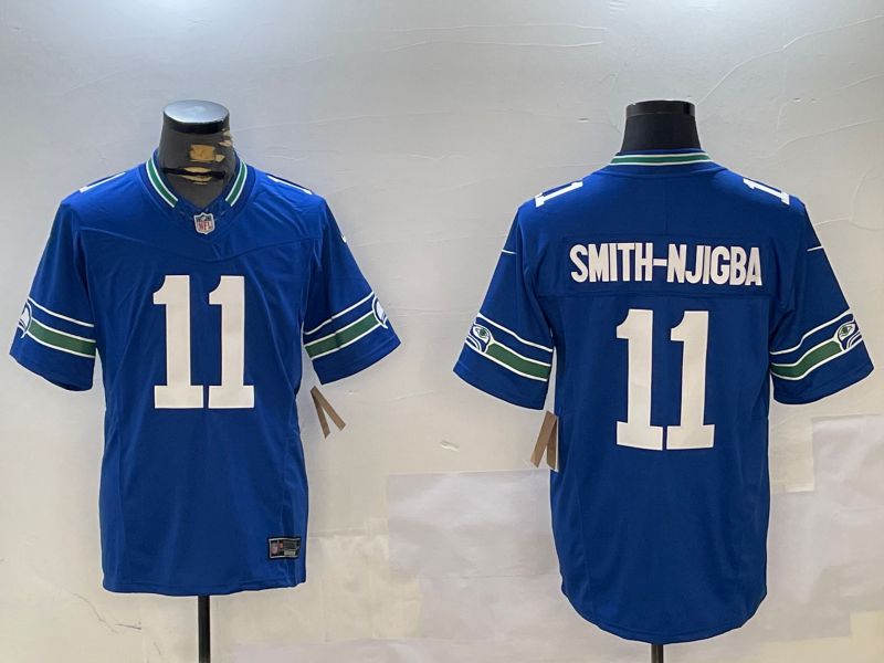 Men Seattle Seahawks 11 Smith-Njigba Blue Throwback Three generation 2024 Nike Limited NFL Jersey style 1